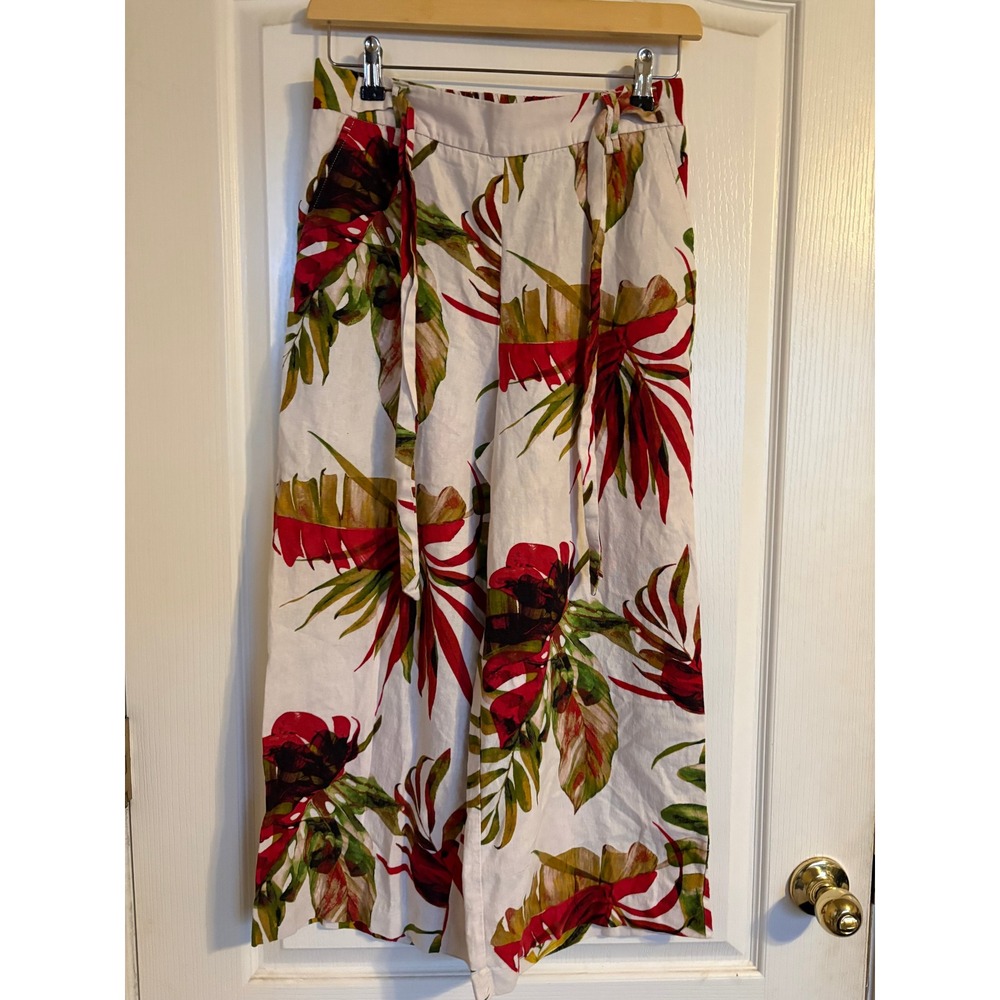 Joie Tropical Print Wide Leg Pants Womens 6 White Linen Blend Tie Waist Vacation